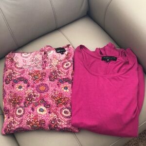 Set of 2 Fuschia Tops—Jones NY floral top w flutter sleeves/short sleeve tee-3x